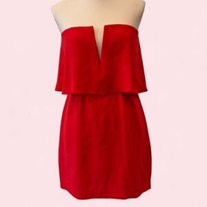 BCBG Max Azria Red Strapless Mini Dress Ruffle Cape Overlay Size 6